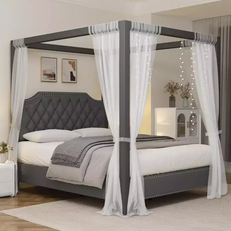 Struttura Letto a Baldacchino Queen Size con Pali a 4 Montanti, Supporto a Doghe in Legno Massello, Nessuna Rete a Molle Necessaria, Silenzioso