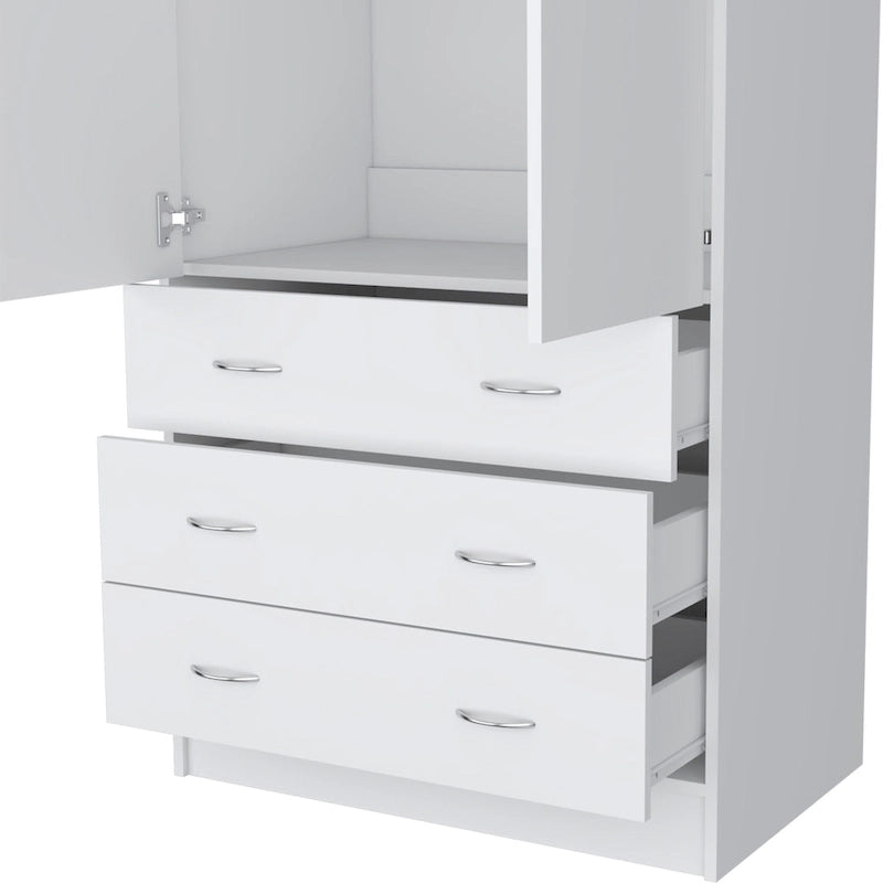 Armadio moderno a due ante con 3 cassetti e 1 bastone appendiabiti per camera da letto