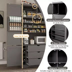 Dispensa Alta da Cucina con Prese di Corrente, Grande Credenza Autoportante con Supporto per Microonde, Cassetti, Scaffali, Portabottiglie e Ante con Ripiani