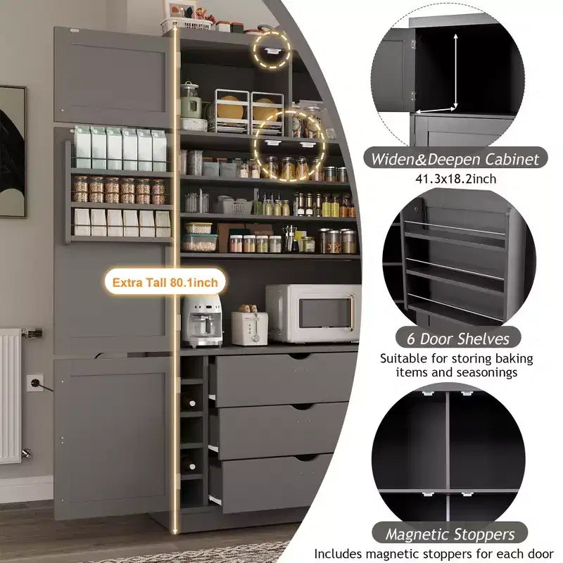 Dispensa Alta da Cucina con Prese di Corrente, Grande Credenza Autoportante con Supporto per Microonde, Cassetti, Scaffali, Portabottiglie e Ante con Ripiani