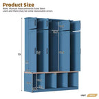 Il mobile da ingresso Misty Moon Farmhouse Blue con 4 ganci nascosti e panca versatile in noce con 8 ante
