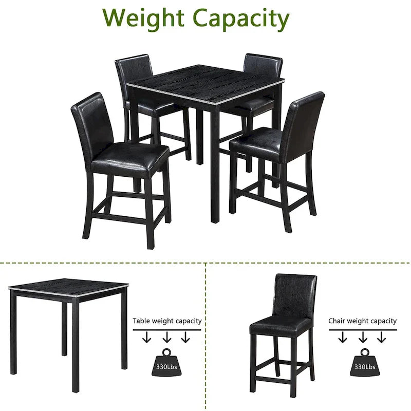 Set da pranzo moderno di 5 pezzi con tavolo quadrato ad altezza bancone e 4 sedie imbottite