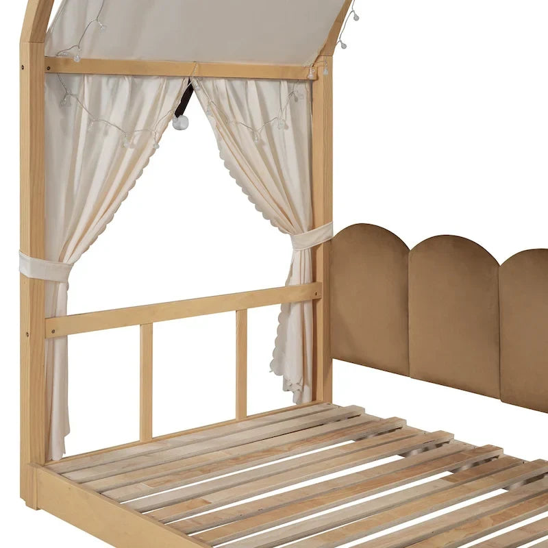 Letto a piattaforma in legno massiccio a forma di casetta, letto Montessori a terra con tetto ad arco e letto estraibile per bambine e bambini