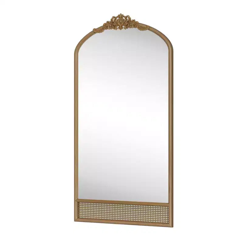 Specchio da parete marrone con cornice in legno ad arco intagliata classica e base in rattan, 37 pollici L x 71 pollici A