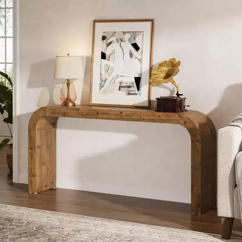 Consolle Lantine da 179 cm in Legno Massello, Tavolo da Divano in Stile Rustico con Angoli a Cascata per Ingresso, Soggiorno, Dietro al Divano, Legno Naturale