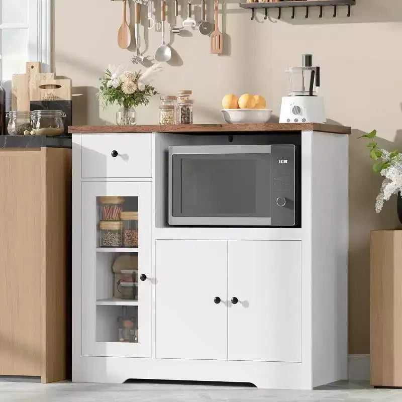 Mobiletto da cucina per microonde con contenitore, con 3 ante, 1 cassetto e ripiani regolabili, mobiletto dispensa