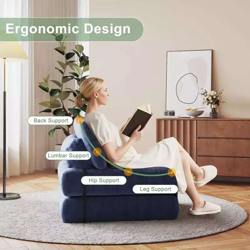Divano Letto Futon Pieghevole in Velluto a Coste, Sedia Convertibile da Pavimento con Cuscino e Supporto per la Schiena