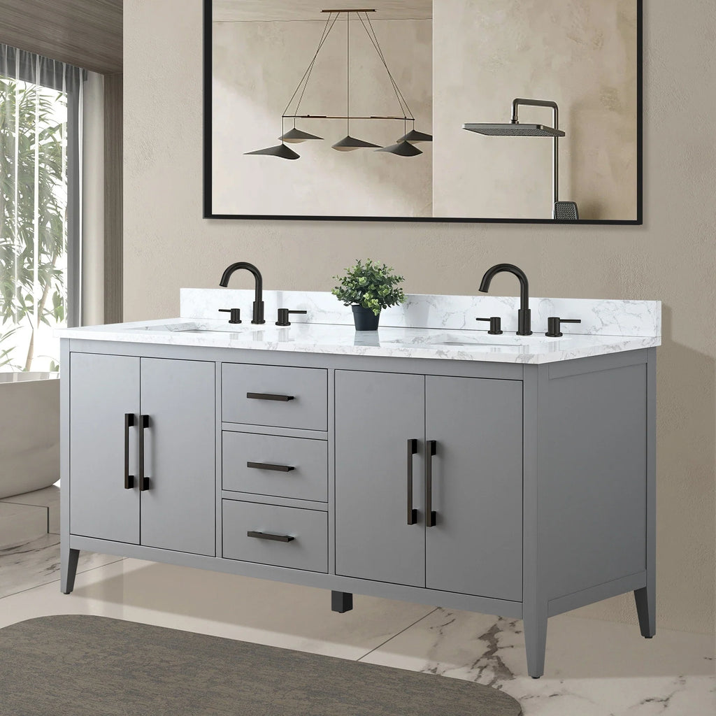 Mobile lavabo doppio Vanity Art 72 per bagno con piano in marmo composito