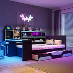 Daybed da gioco completo/queen size con testiera libreria, luci LED, scrivania integrata, cassetti e stazione di ricarica