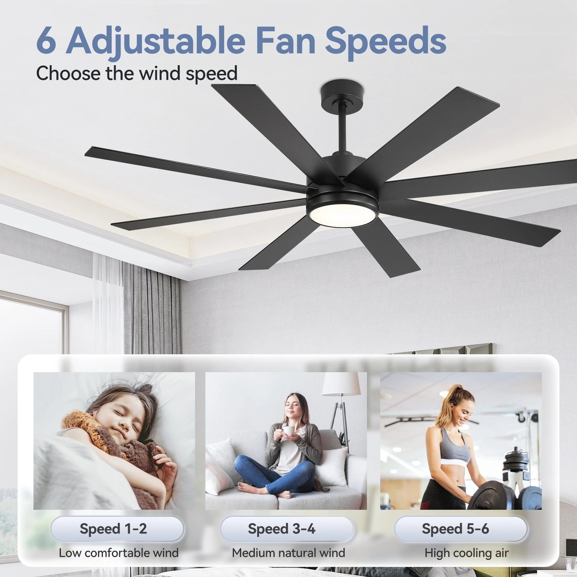Ventilatore da soffitto nero da 65 pollici a 8 pale con luce LED e telecomando