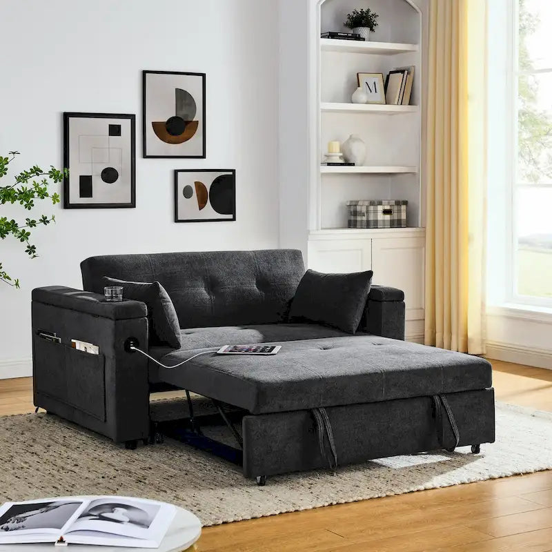Divano Letto Estraibile 54", Divano Reclinabile 2 Posti con Contenitore, Cuscino Lombare, Presa USB