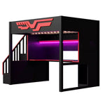 Letto a soppalco da gioco completo con scrivania e luci LED, letto a soppalco alto in legno a una piazza e mezza con scala e scala portaoggetti e USB, rosso+nero