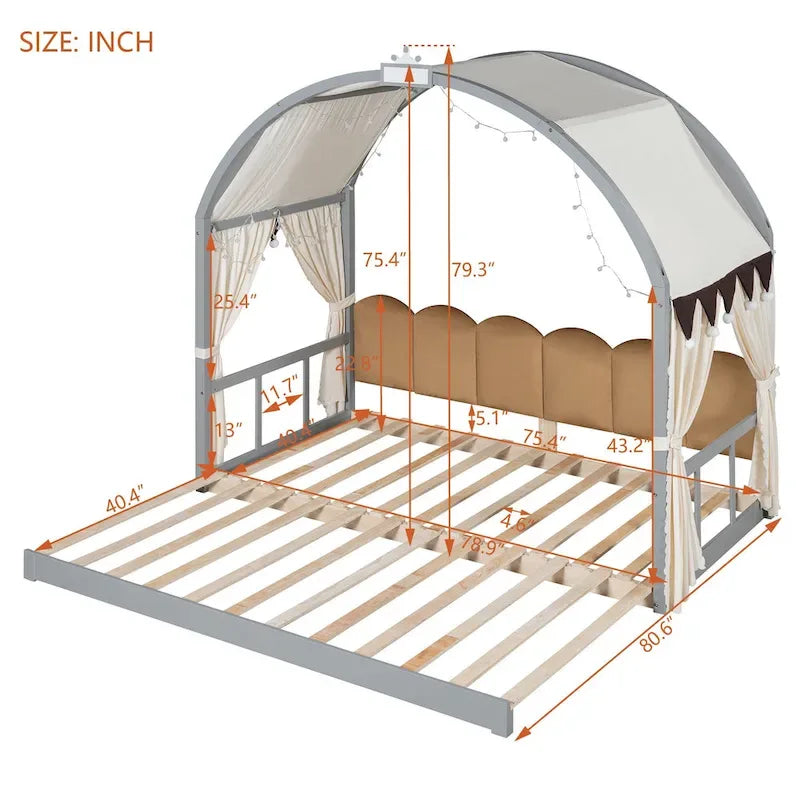 Letto a piattaforma in legno massiccio a forma di casetta, letto Montessori a terra con tetto ad arco e letto estraibile per bambine e bambini