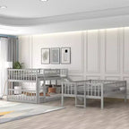 Letto a Castello Triplo Full Over Full con Scaletta Convertibile e Scivolo, Letto Triplo con Sponde di Protezione, Bianco/Grigio/Espresso - ModernLuxe