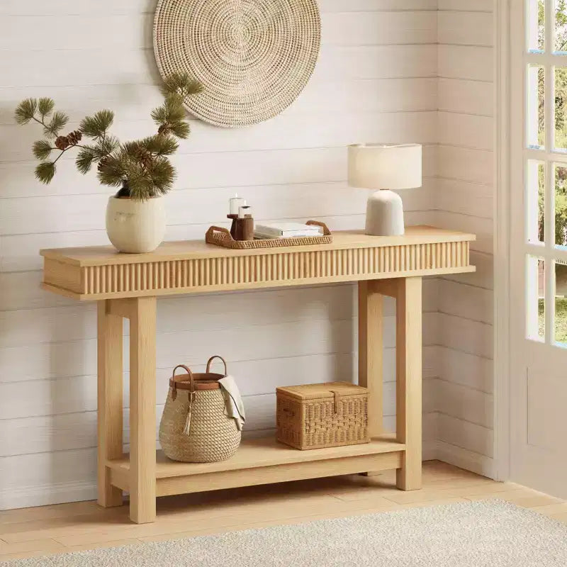 Consolle in legno scanalato stile fattoria a 2 ripiani con scaffale portaoggetti rettangolare stretto, tavolo da ingresso dietro il divano per foyer, corridoio, soggiorno
