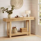 Consolle in legno scanalato stile fattoria a 2 ripiani con scaffale portaoggetti rettangolare stretto, tavolo da ingresso dietro il divano per foyer, corridoio, soggiorno