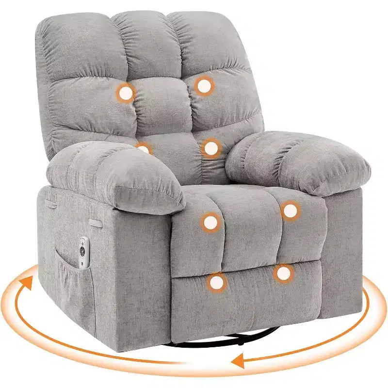 Poltrona Reclinabile Massaggiante con Calore - Girevole a 360°, Dondolo, Divano Singolo Oversize con Vibrazione, USB e Tasche Contenitore per Soggiorno/Camera da Letto