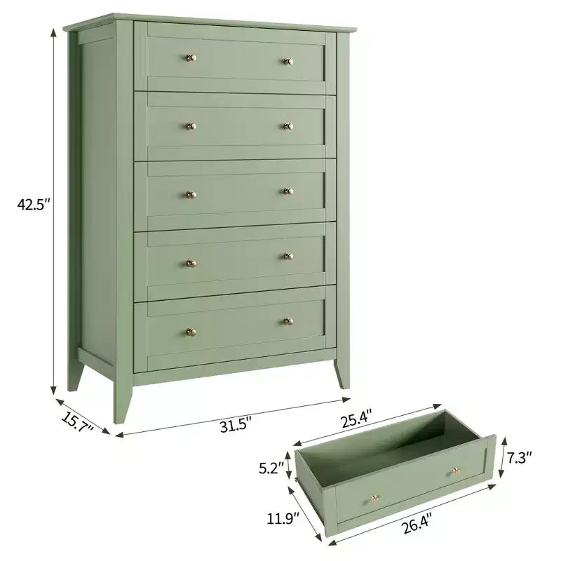 Comò a 5 cassetti alto 108 cm per camera da letto, mobile contenitore in legno con cassetti profondi 30 cm e pomelli in metallo dorato, ideale per ingresso o corridoio