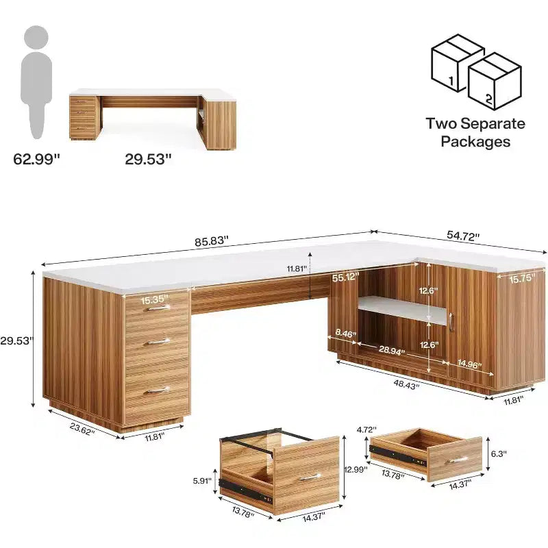 Scrivania direzionale a L Lantine 85.8, scrivania da computer da ufficio extra large con cassetti per schedari per l'home office