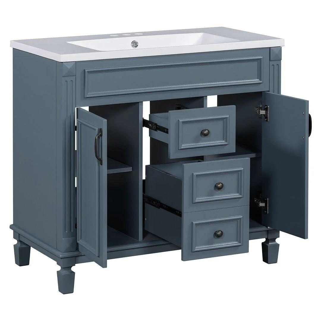 Mobile Bagno Moderno da 90cm con Lavabo Integrato e Specchiera, 2 Ante e 2 Cassetti