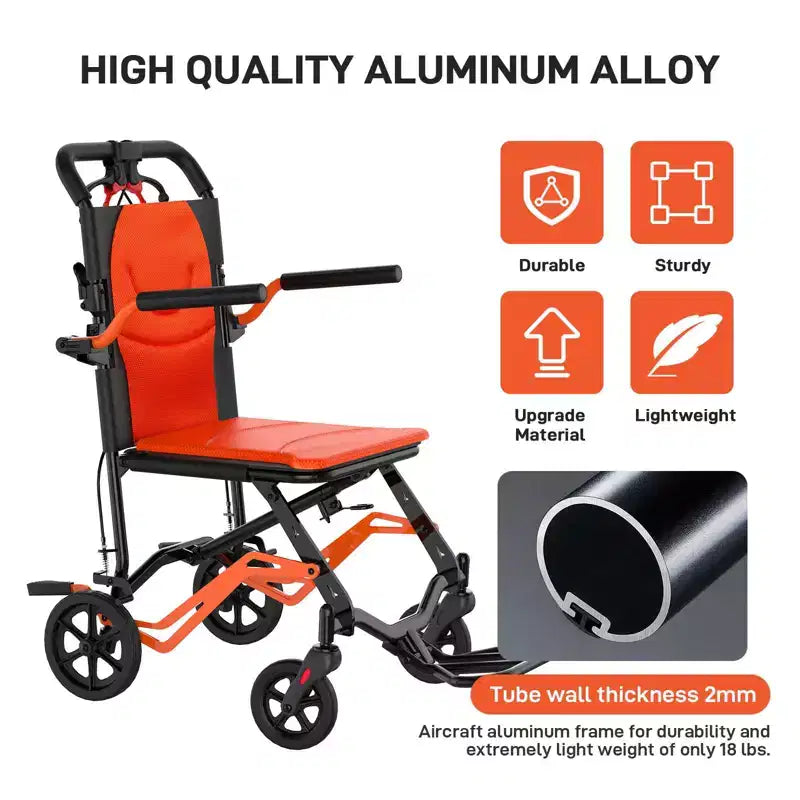 Carrozzina Pieghevole da Trasporto Ultraleggera, Supporta 100 kg, Telaio in Alluminio da 8 kg, Seduta da 41 cm, Braccioli e Poggiapiedi Rimovibili, Freno di Stazionamento