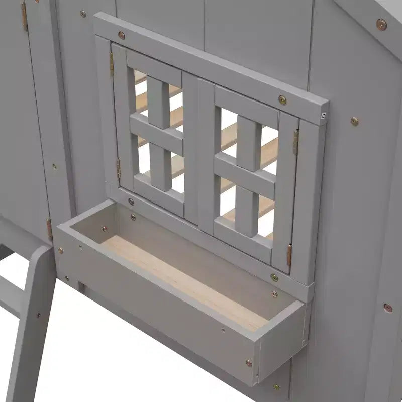 Letto a soppalco a forma di casetta con scaletta e spondine per bambini, in legno, misura singola