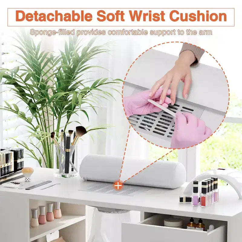 GustoWave 42.5 in Tavolo per manicure con poggiapolsi e raccoglitore di polvere, postazione per unghie con armadietto verticale estraibile, bianco