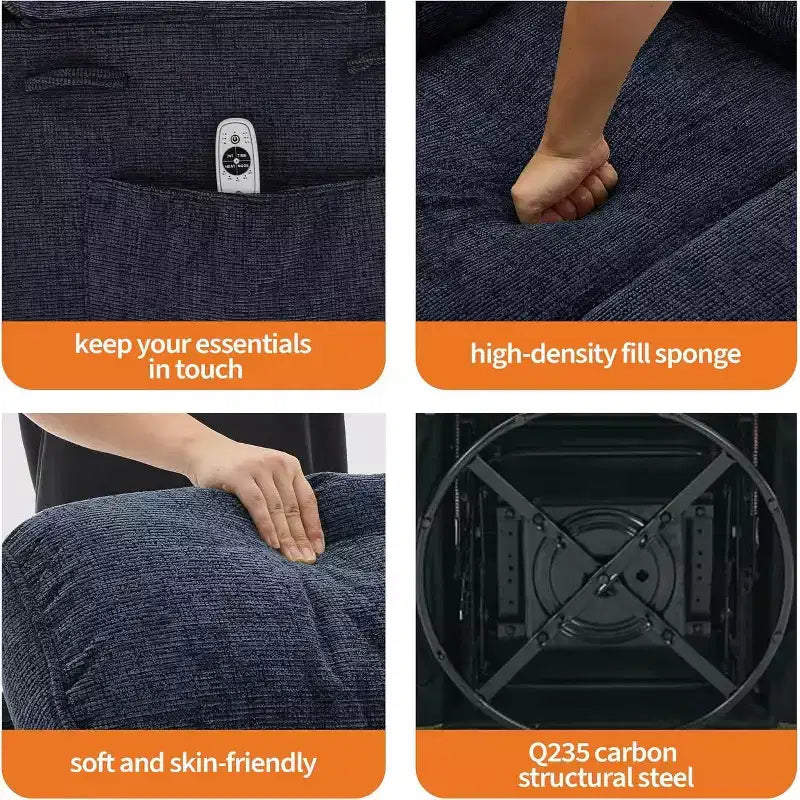 Poltrona reclinabile massaggiante con riscaldamento, poltrona reclinabile girevole a 360° per adulti, poltrona da asilo nido in lino con tasca laterale, due portabicchieri