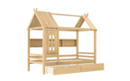 Letto a piattaforma a forma di casa con cassetti contenitori e finestra, struttura in legno massello con mensole, design giocoso per bambini, bianco chiaro