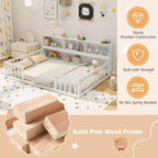 Letto a terra Montessori per materasso singolo/una piazza e mezza con libreria, ripiani e sponde di sicurezza bianco/grigio