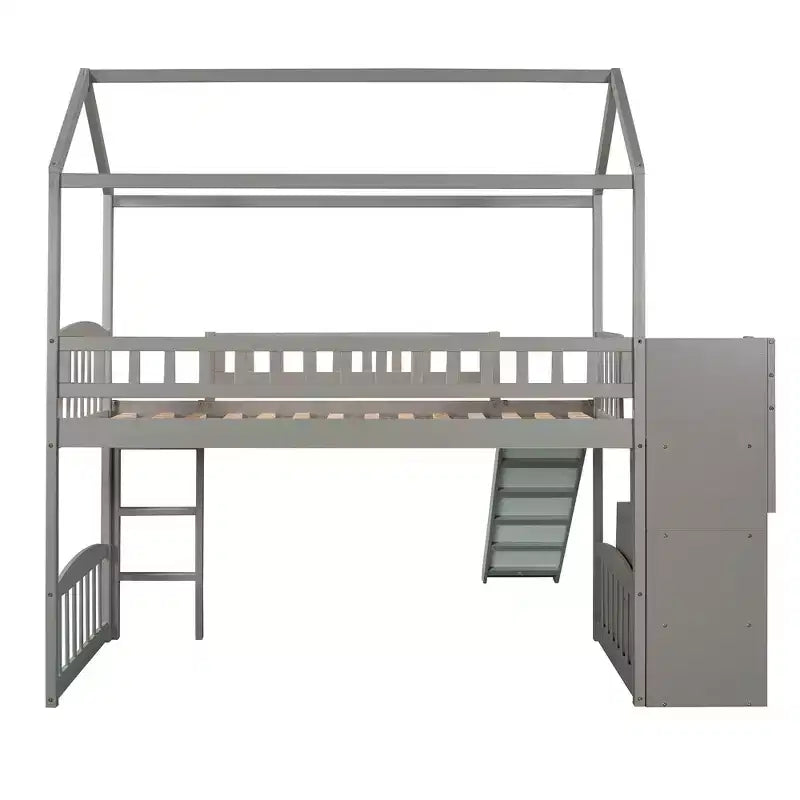 Letto a soppalco a castello con scivolo e scale, letto a soppalco con cassetti contenitori, letto a soppalco in legno a capanna per bambini e neonati