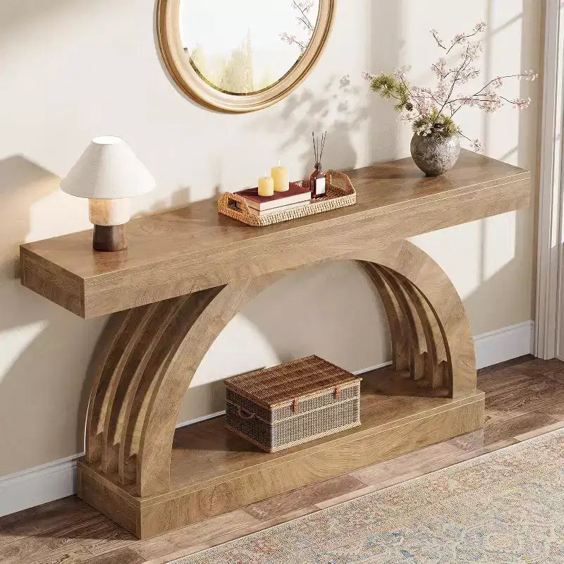 Consolle da ingresso Lantine da 63 pollici, tavolino a 2 ripiani dietro il divano, consolle ad arco stretta unica in stile rustico per corridoio, soggiorno, atrio, naturale