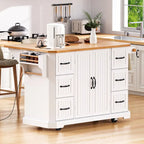 Isola Cucina Espandibile con Ante a Scomparsa, Carrello Cucina su 4 Ruote con Presa Elettrica, Tavolo Isola Mobile con 2 Ante e 6 Cassetti