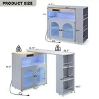 Isola da Cucina con Ruote e 2 Ante in Vetro, Carrello da Cucina con Tavolo Estensibile e Prese di Corrente, Isola da Cucina con Ripiani Laterali Aperti