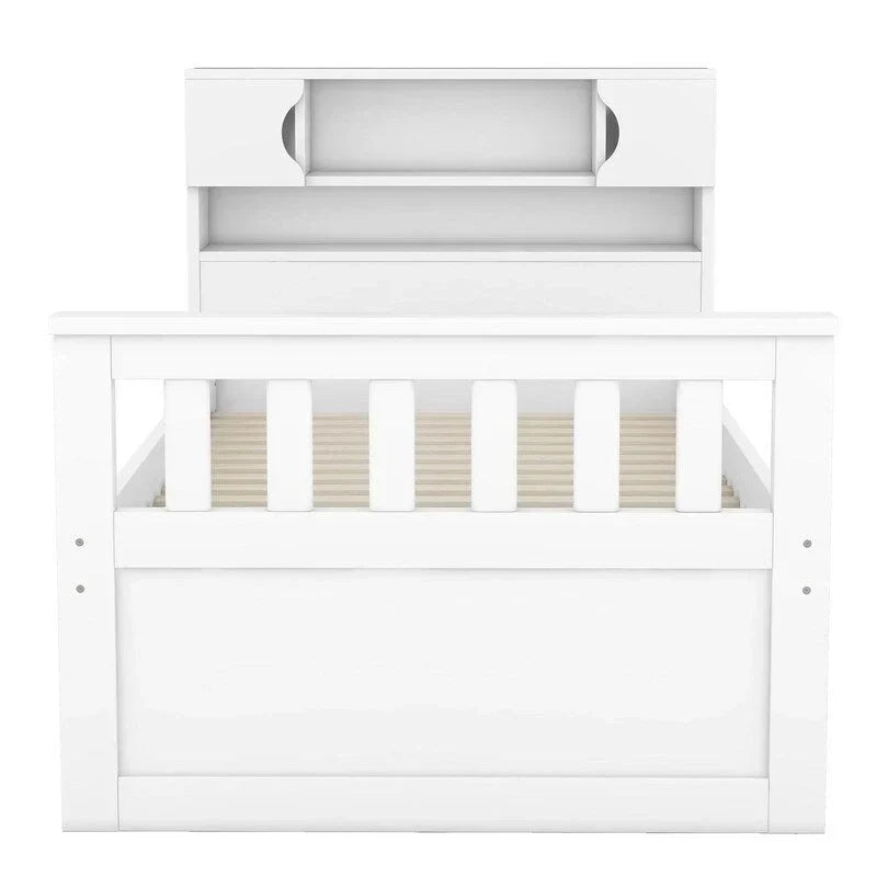 Letto a piattaforma Twin/Full Size Captain con 4 cassetti e mensole portaoggetti, struttura letto in legno massello con testiera libreria contenitore