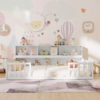 Letto a terra Montessori per materasso singolo/una piazza e mezza con libreria, ripiani e sponde di sicurezza bianco/grigio