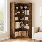 Libreria angolare a 5 ripiani a forma di L, in stile retrò, Bianco/Nero/Legno, singola