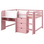 Letto a soppalco basso rosa/bianco con scrivania, contenitore e lavagna bianca – Singolo, 1 persona