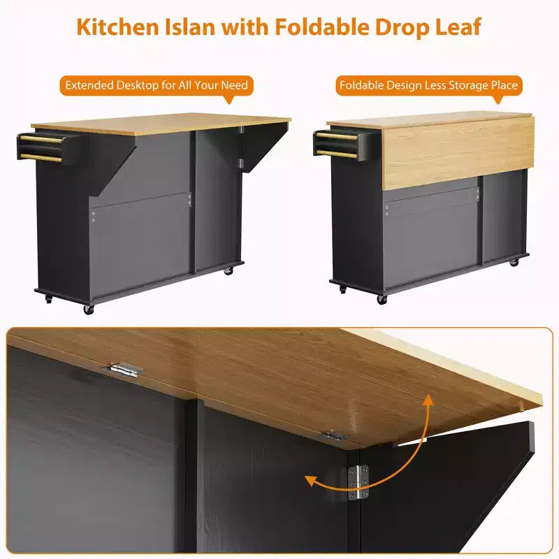 Tavolo da cucina mobile con isola da 55" con presa di corrente e anta a ribalta, carrello da cucina con isola su ruote e armadietto per pattumiera per la cucina
