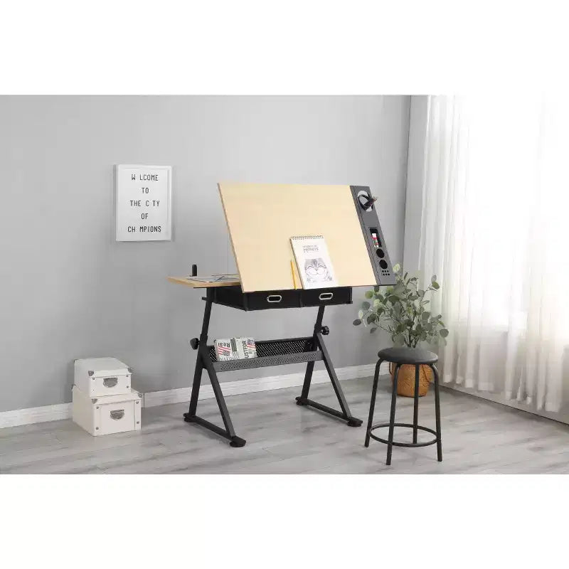 Tavolo da disegno regolabile in altezza, Tavolo da disegno inclinabile da 0 a 75 gradi per adulti, Scrivania da artista con 2 cassetti portaoggetti, con sgabello
