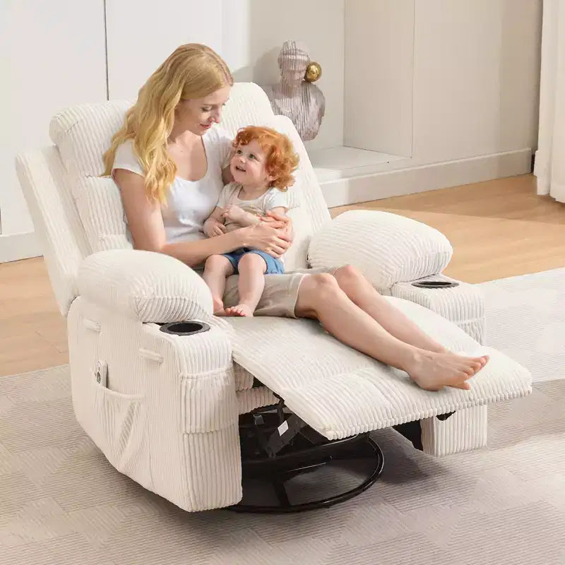Poltrona Reclinabile Girevole a Dondolo con Massaggio e Riscaldamento, Girevole a 360° con Portabicchieri e Tasche Laterali, Divano Ergonomico per Soggiorno, Camper, Cameretta