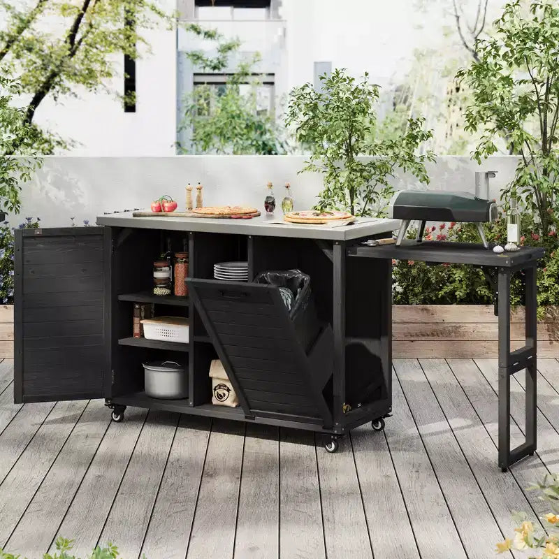 Isola da Cucina da Esterno da 78,3 Pollici con Piano di Lavoro in Acciaio Inossidabile, Stazione Barbecue Pieghevole e Armadietti, Nero