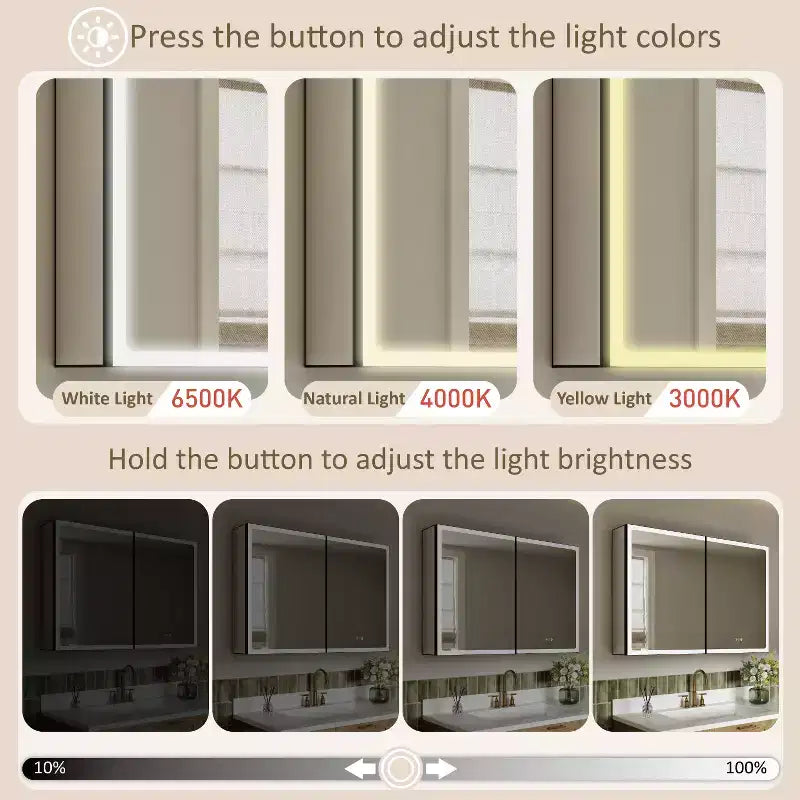 Pensile da Bagno con Specchio LED, Montaggio a Superficie o Incasso, Luce Dimmerabile, Antiappannamento, Ripiani Regolabili
