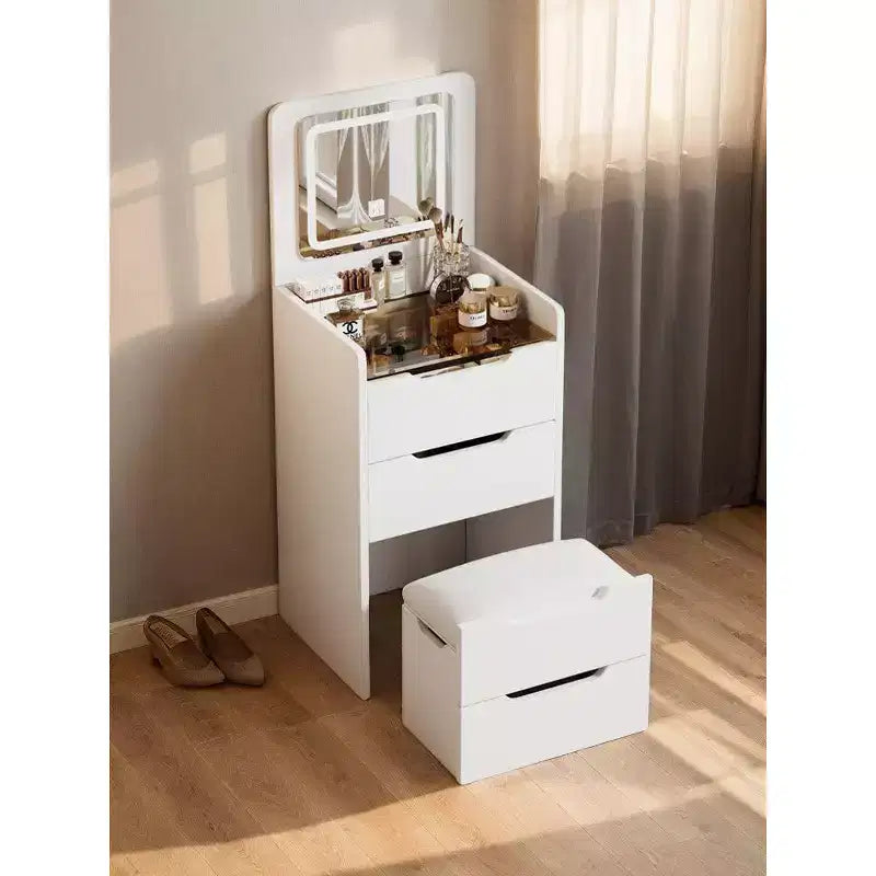 Okak Tavolo da toeletta 3 in 1 con specchio a scomparsa, toeletta compatta con piano in vetro a vista e sgabello imbottito, scrivania da toeletta per camera da letto