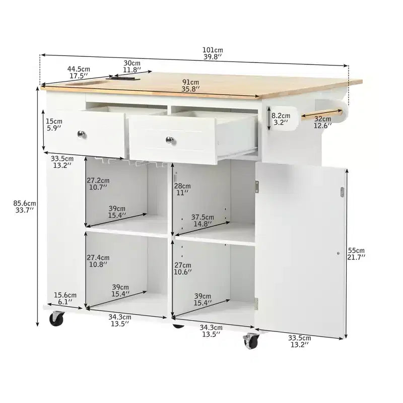 Isola da Cucina Mobile con Presa di Corrente, Piano Ribaltabile e Top in Legno di Gomma