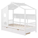 Letto a casetta in legno per bambini, piazza singola/matrimoniale, con 2 cassetti e ripiano portaoggetti - ModernLuxe