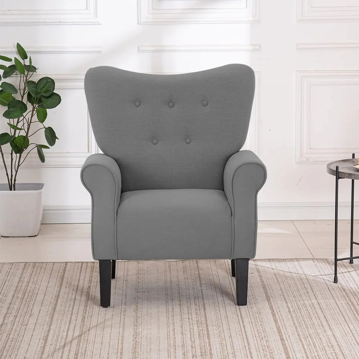 Poltrona moderna Erommy, Poltrona con schienale alto, Poltrona singola in tessuto imbottita con bottoni e gambe in legno per soggiorno