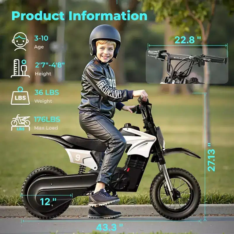 ECOLEAP K1 Moto da cross elettrica per bambini 36V 25 km/h veloce, autonomia 22 km, motore di picco 700W, 3 modalità di velocità, pneumatici fuoristrada da 12 pollici, certificazione UL, età 3-10 anni