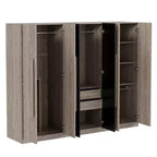 Armadio a 6 ante con 2 cassetti, binari appendiabiti e ripiani, nero+naturale - ModernLuxe
