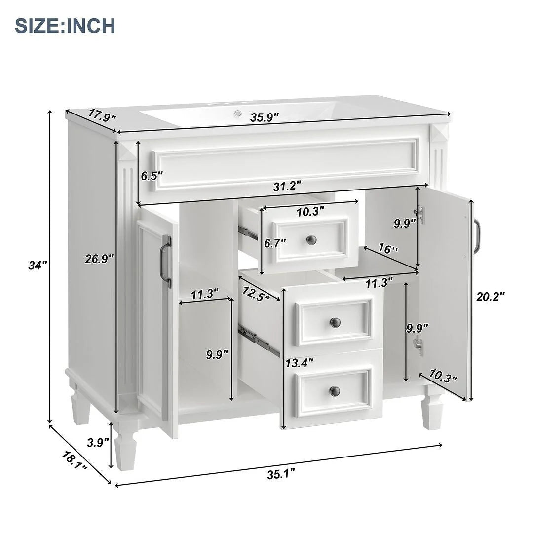 Mobile Bagno Moderno da 90cm con Lavabo Integrato e Specchiera, 2 Ante e 2 Cassetti